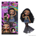 LOL Star OMG Music Festival Tyla doll shown next to its retail packaging box. The doll features long, curly black hair, a glittery gold and blue crop top, a denim skirt, sheer black tights, and a black mermaid-style dress.