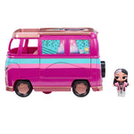 Pink vehicle with tot on a white background