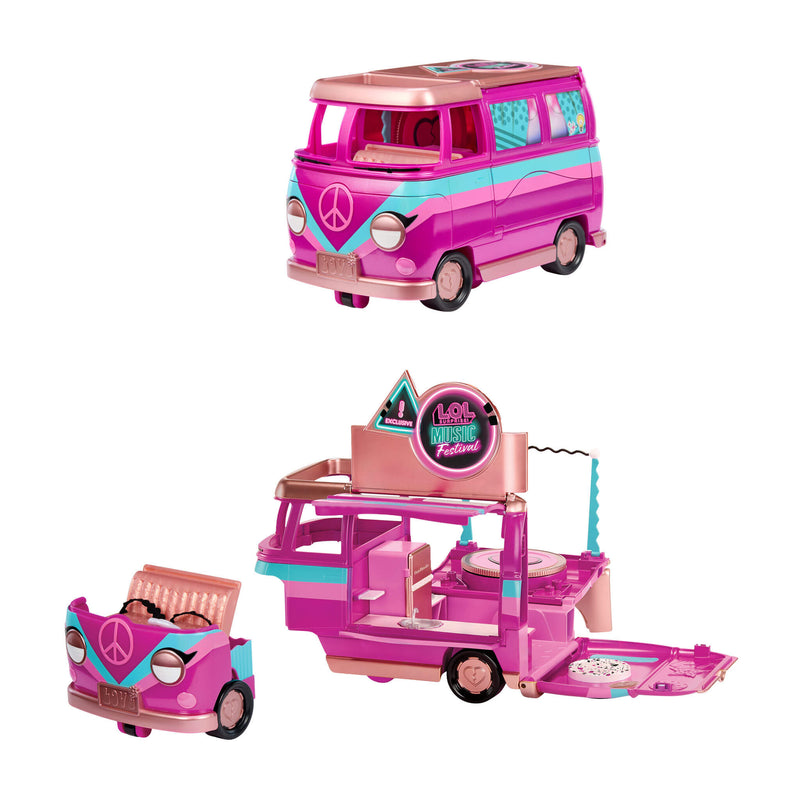 Tour bus on top, on bottom in two parts to show stage and seats on a white background