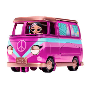 Music Festival Tour Bus with doll driving on a white background