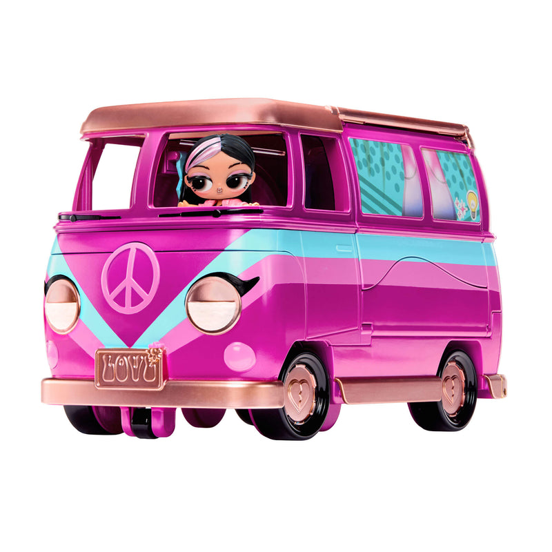 Music Festival Tour Bus with doll driving on a white background