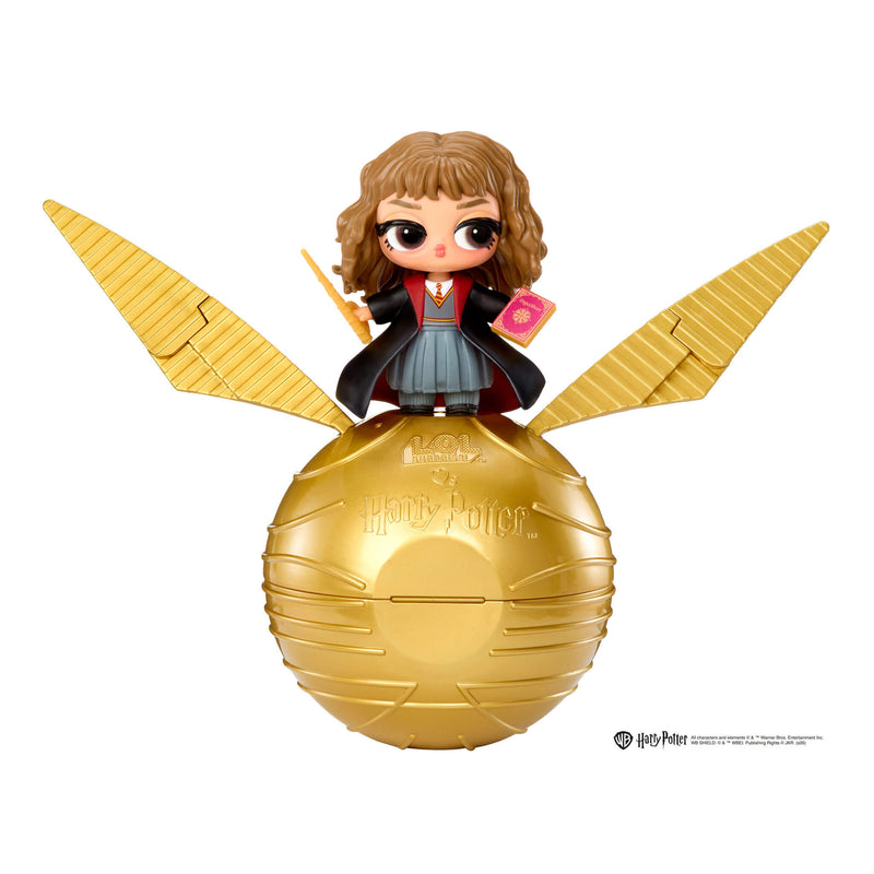 Hermione on a golden ball with wings, inspired by Harry Potter.