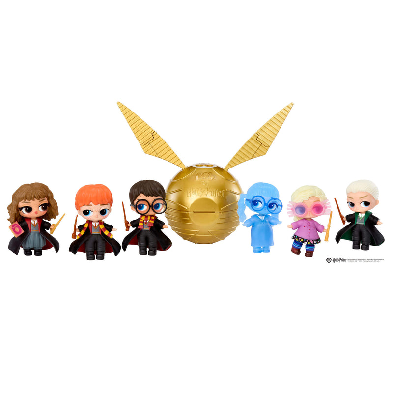 Six Harry Potter-themed figurines with a golden ball and wands on a white background