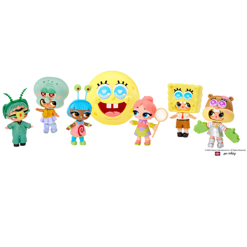 Set of colorful SpongeBob tot characters on a white background