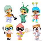 Set of colorful toy figures with unique hairstyles and outfits on a white background