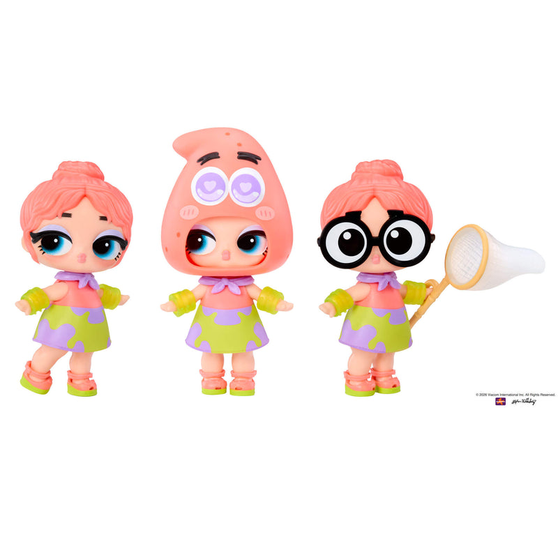 "Patrick" tot three ways:  tot, with a Patrick head and with funny glasses holding a butterly net on a white background