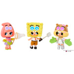 "Sandy" tot three ways:tot- holding a butterfly net, with a Sponge Bob head and with a squirrel head on a white background