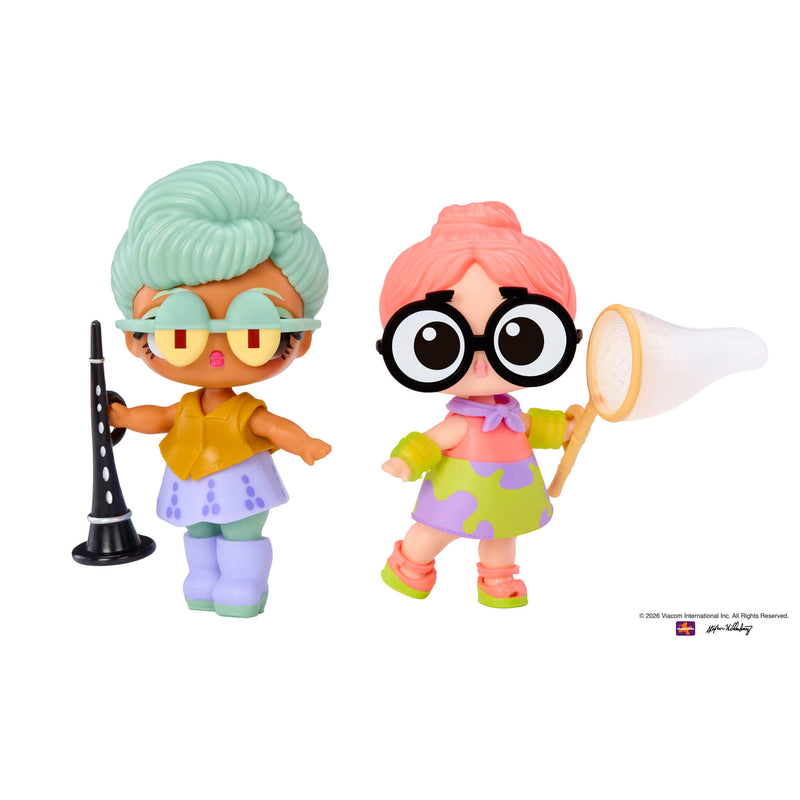 Tot with green hair holding a clarinet and tot with pink hair holding a butterfly net on a white background