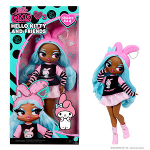 My Melody doll with packaging featuring 'OMG' branding on a white background