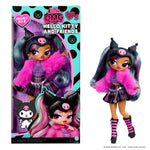 Hello Kitty and Friends toy doll Kuromi with pink fur and black hair next to packaging