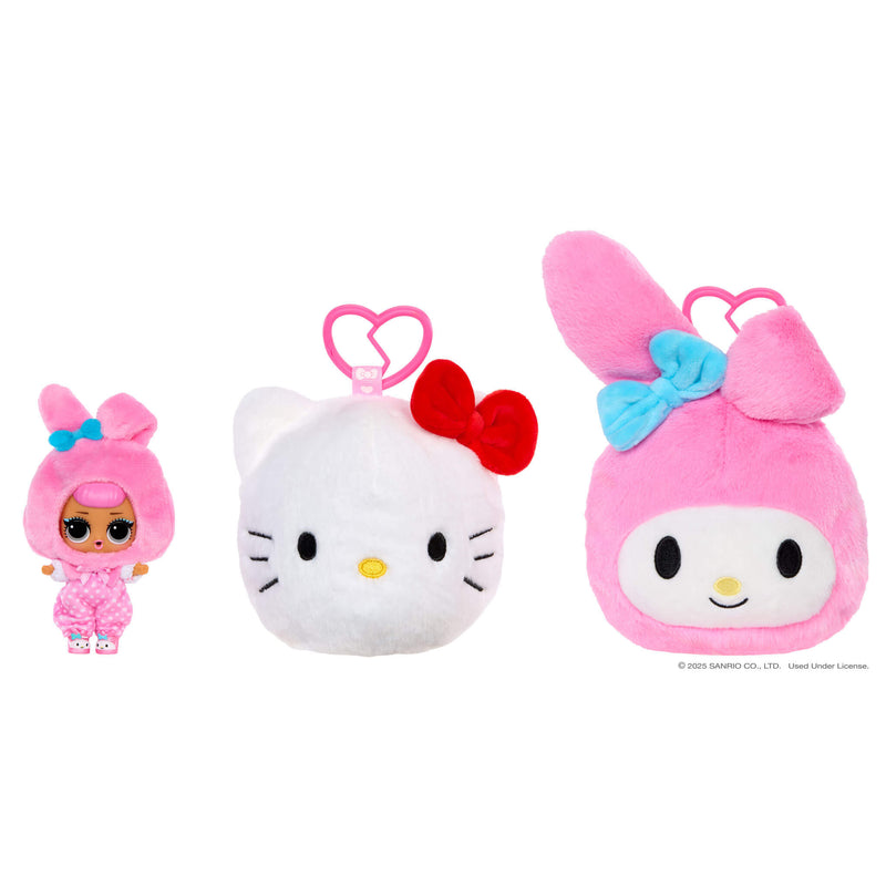 Set of two plush toys and a tot doll with colorful bows on a white background
