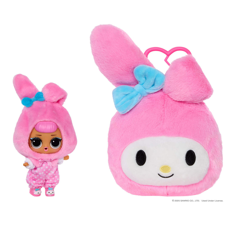 Pink plush toy with bunny ears and a small doll wearing a pink outfit with bunny ears on a white background.