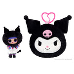 Plush toy with black hair and pink  design next to a small figure on a white background