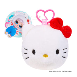 Hello Kitty plush toy with a red bow and character design on a white background