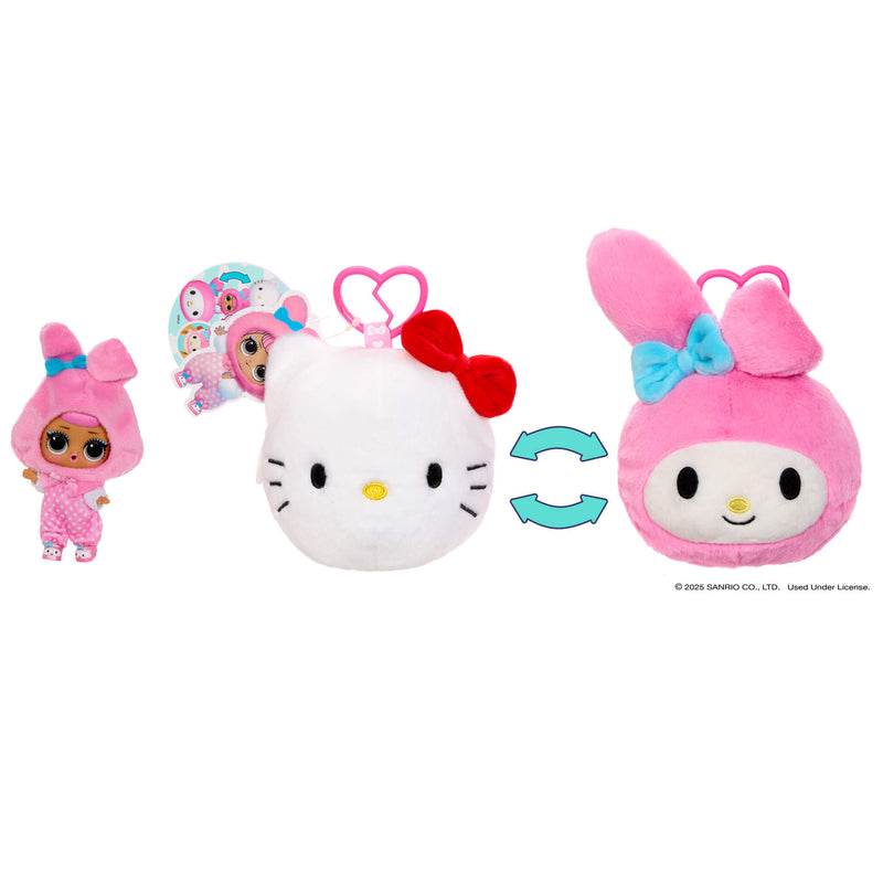 Plush toy transforming from a  white plush with a red bow, then to a pink plush with a blue bow with small doll
