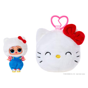 Tot doll in a blue outfit next to a Hello Kitty plush with a red bow on a white background