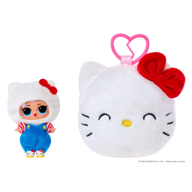 Tot doll in a blue outfit next to a Hello Kitty plush with a red bow on a white background