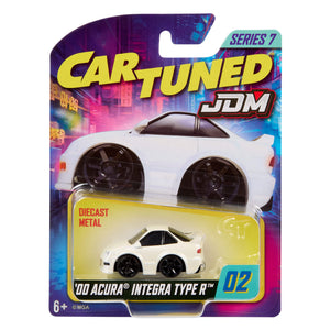 White, Cartuned JDM '00 Acura Integra, diecast car in packaging on a white background