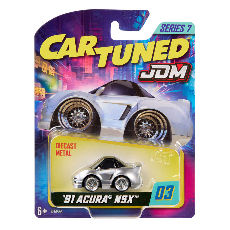 Silver, Cartuned JDM '91 Acura NSX with black roof, diecast car in packaging on a white background