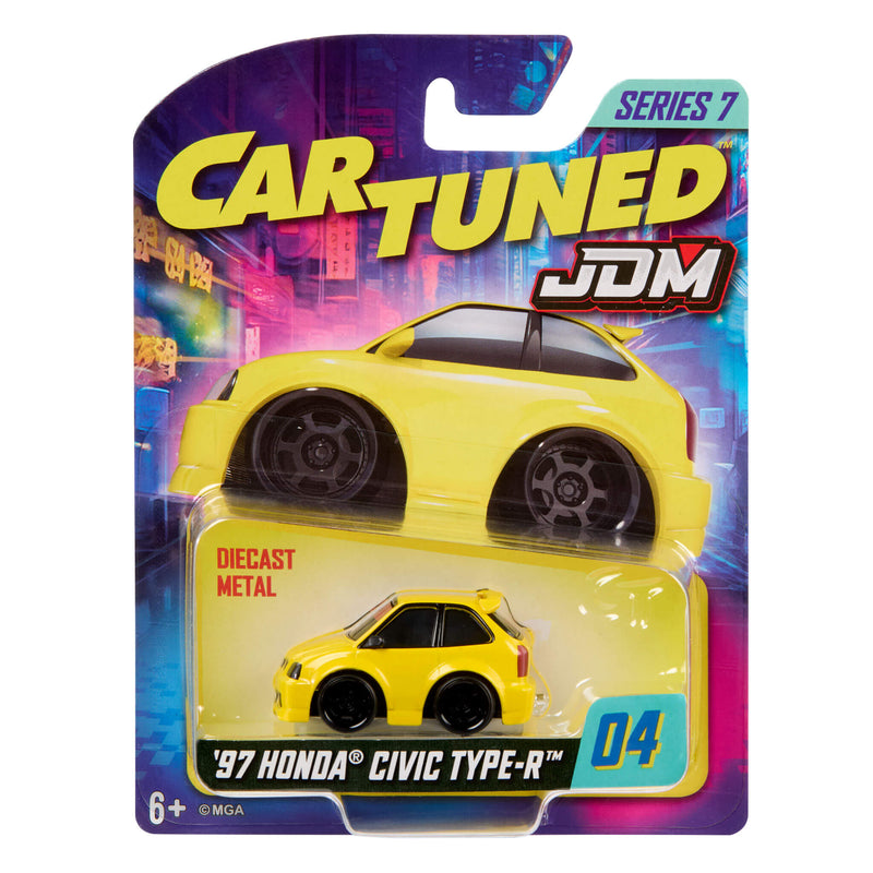 Yellow, Cartuned JDM ’97 Honda Civic Type-R, diecast car in packaging on a white background