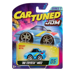 Cartuned JDM in light Blue with a yellow, a orange and a red wide stripe on back fender, ’88 Toyota MR2, diecast car in packaging on a white background