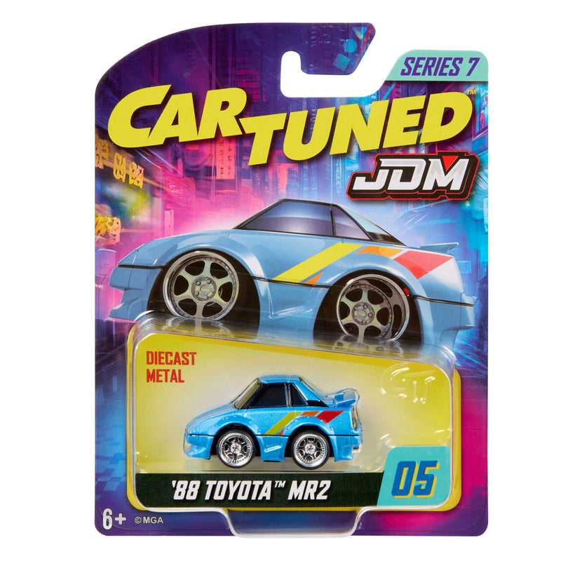 Cartuned JDM in light Blue with a yellow, a orange and a red wide stripe on back fender, ’88 Toyota MR2, diecast car in packaging on a white background