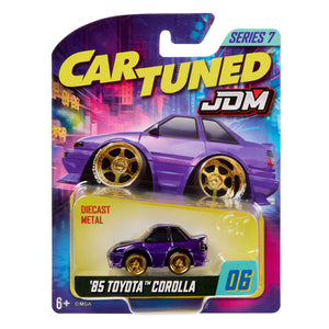 Purple, Cartuned JDM, ’85 Toyota Corolla, diecast car in packaging on a white background