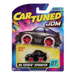 Black, Cartuned JDM, ’85 Toyota Sprinter, diecast car in packaging on a white background