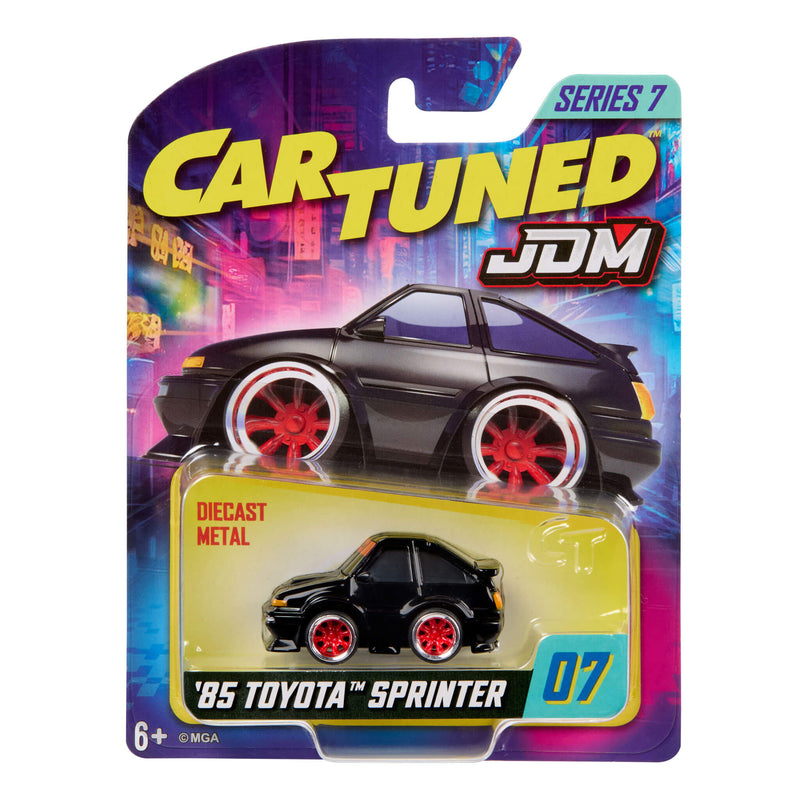 Black, Cartuned JDM, ’85 Toyota Sprinter, diecast car in packaging on a white background