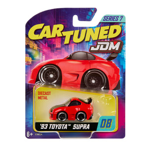 Red, Cartuned JDM, ’93 Toyota Supra, diecast car in packaging on a white background