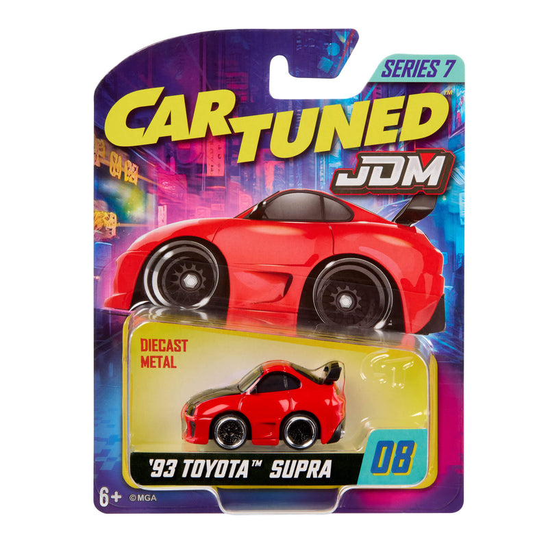 Red, Cartuned JDM, ’93 Toyota Supra, diecast car in packaging on a white background