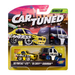 Series 10 CarTuned package with 2 cars-'69 Pontiac GTO in Yellow and Black with 'Lawless' on the side and '95 Chevy Suburan police car.  