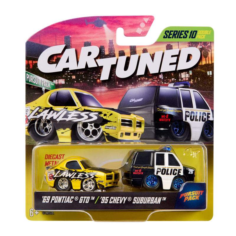 Series 10 CarTuned package with 2 cars-'69 Pontiac GTO in Yellow and Black with 'Lawless' on the side and '95 Chevy Suburan police car.  