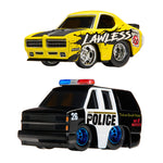 Two cars - top car is yellow and black, bottom is a Police SUV.