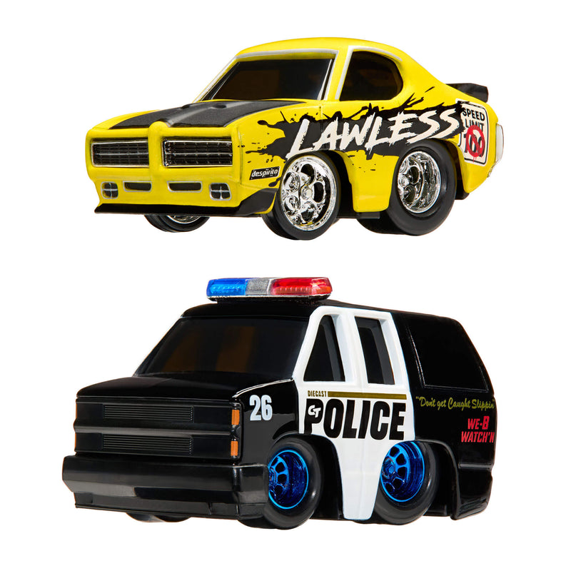 Two cars - top car is yellow and black, bottom is a Police SUV.