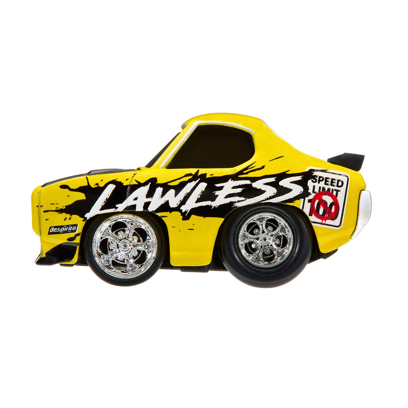 Yellow sports car with black splash on side and 'LAWLESS' in white with chrome hub caps