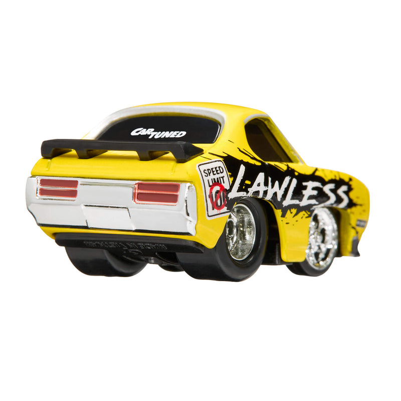 Back of yellow sports car with black spoiler and 'CARTUNED' on the back window.