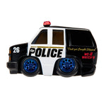 Side view of  a black and white Police SUV on a white background, has 'POLICE'  on side along with '26' on front fender.