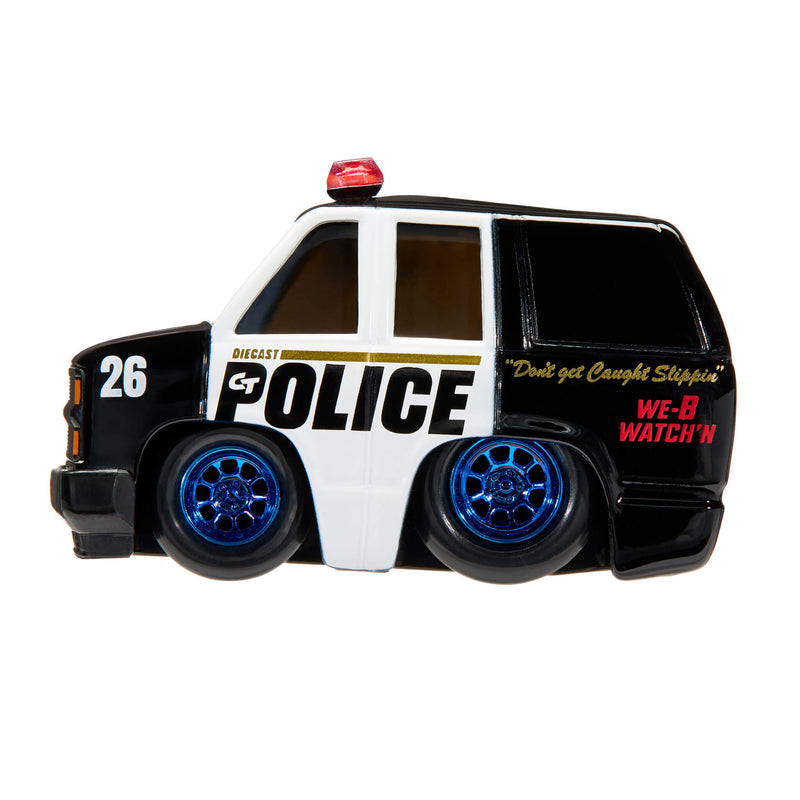 Side view of  a black and white Police SUV on a white background, has 'POLICE'  on side along with '26' on front fender.