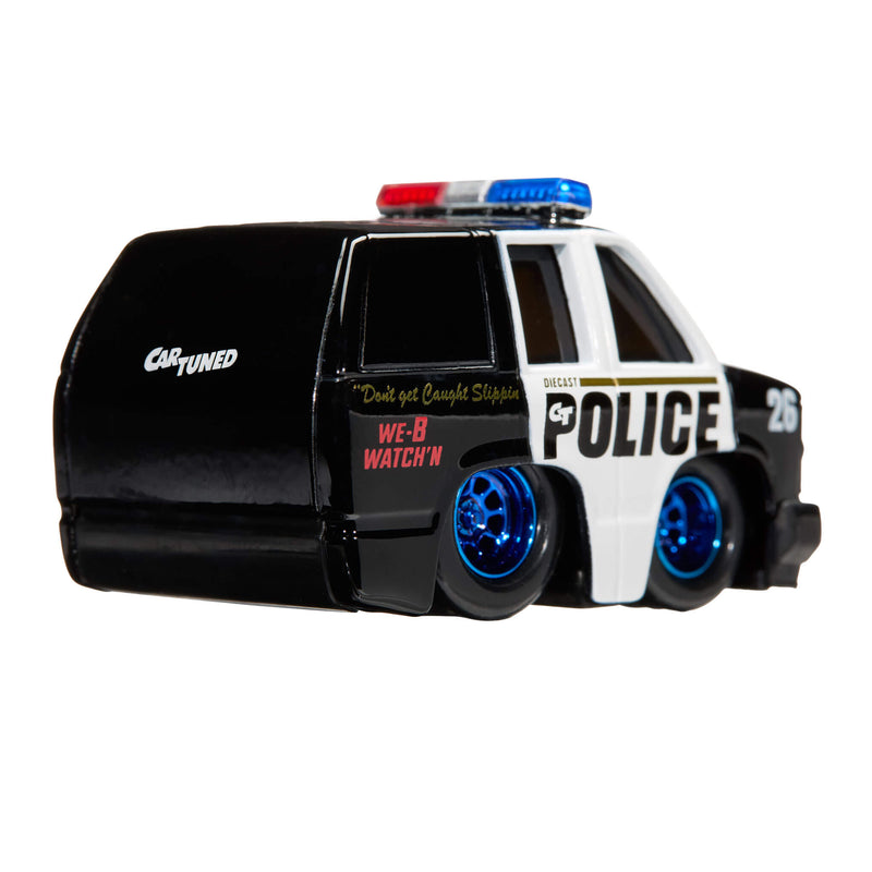 Back of Police SUV with 'CARTUNED' on back window.