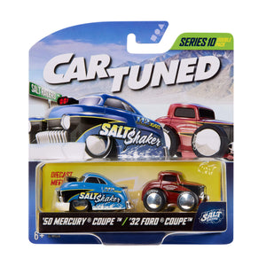 CarTuned two pack packaging Series 10. Cars '50 Mercury Coupe in Blue with 'Salt Shaker' on the side-'32 Ford Coupe in Burgundy.