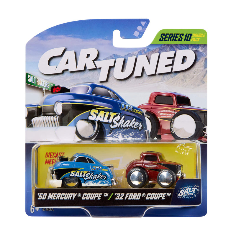 CarTuned two pack packaging Series 10. Cars '50 Mercury Coupe in Blue with 'Salt Shaker' on the side-'32 Ford Coupe in Burgundy.