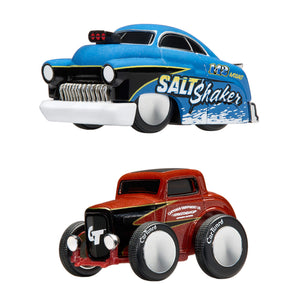 Two cars - Top is a Blue '50 Mercury Coupe, bottom is a Burgundy '32 Ford Coupe on a white background