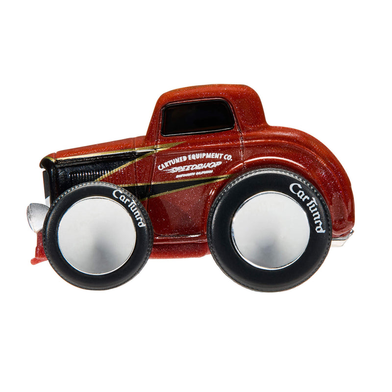 Side view of Burgundy, speckled Ford Coupe with 'CARTUNED' on the large wheels  on a white background.