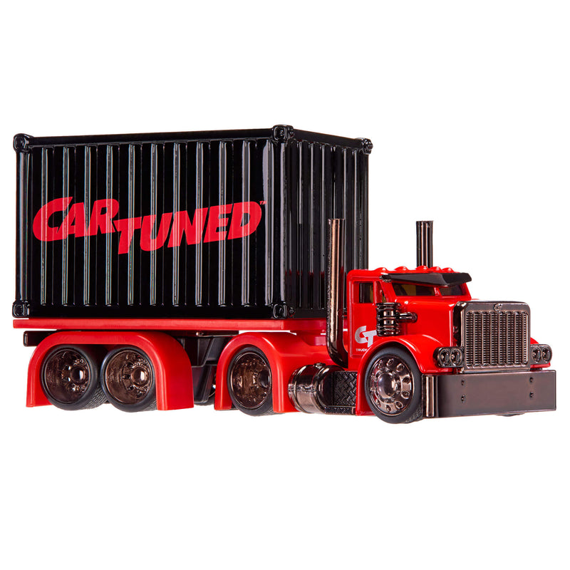 A red and black toy semi-truck with a black shipping container carrying the words 'CAR TUNED' in red, shown on a plain white background.