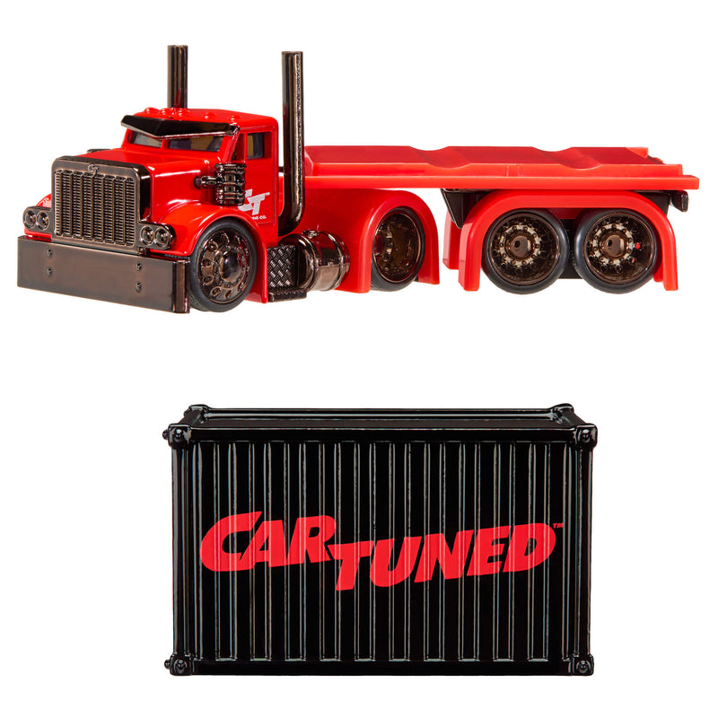 A red toy flatbed semi-truck shown above a black toy shipping container with the red 'CART TUNED' logo, on a plain white background.
