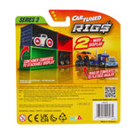 Back packaging of a Cart-Tuned Rigs toy set, with product illustrations and feature callouts on a yellow-orange background.