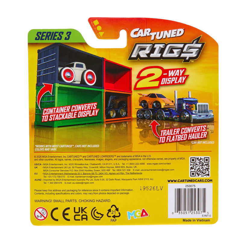 Back packaging of a Cart-Tuned Rigs toy set, with product illustrations and feature callouts on a yellow-orange background.