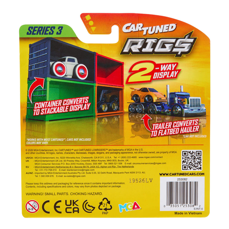 Back of packaging of a Car Tuned Rigs toy set, showing a colorful cardback with illustrations of container trucks and garage conversions. Visible text includes 'Series 3', 'Cartuned Rigs', and '2-way Display'.