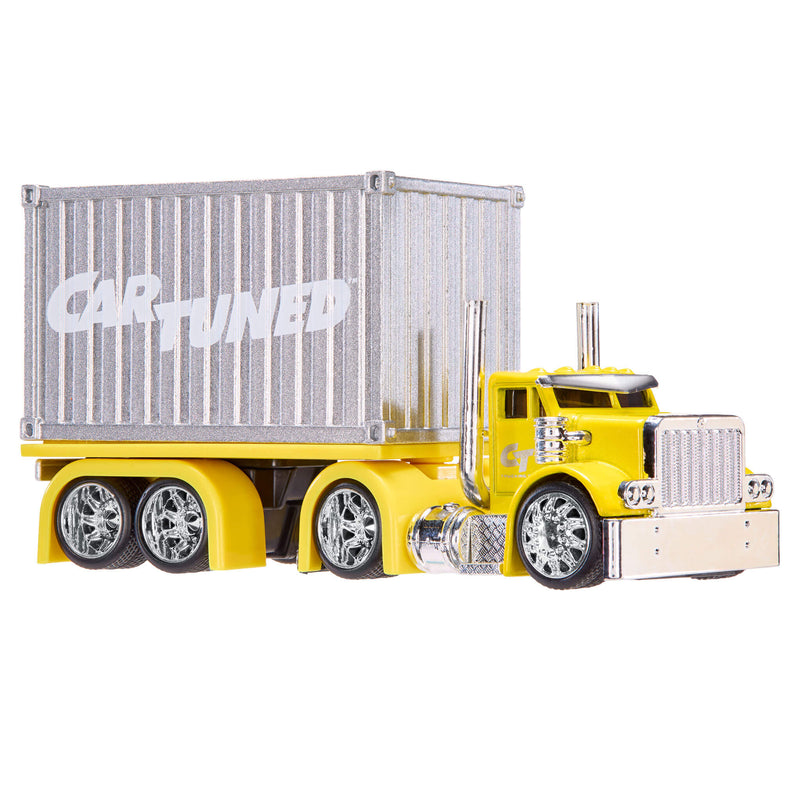 A yellow toy semi-truck with a silver container carrying the Cartuned logo, set against a plain white background.